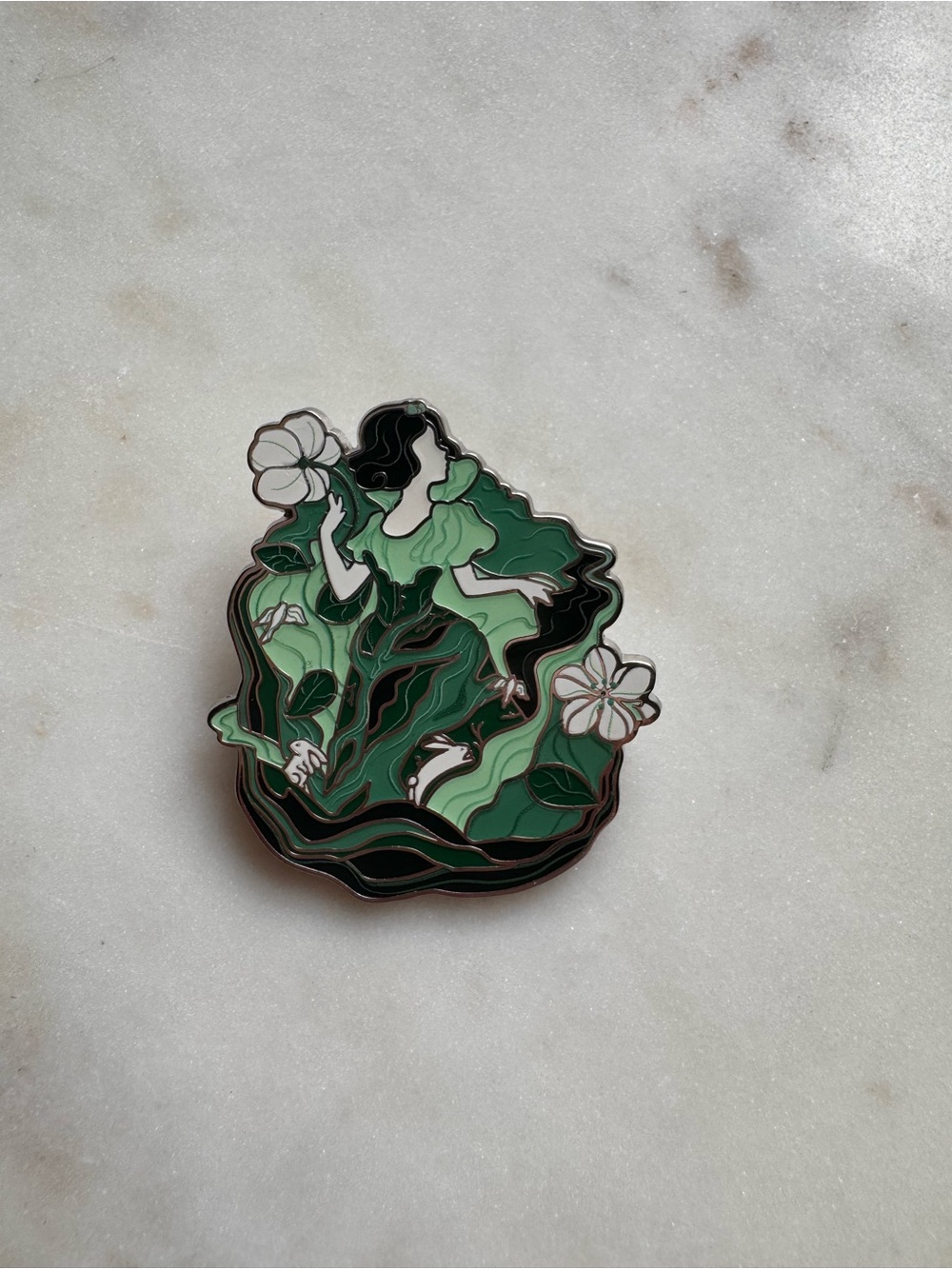 Rare Snow White Green Floral Enamel Pin
